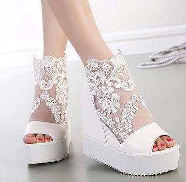 Summer Sexy silver white lace Applique wedding Shoes wedge sandal boots high Wedge Heel platform peep toe ankle boots size 34 to 39