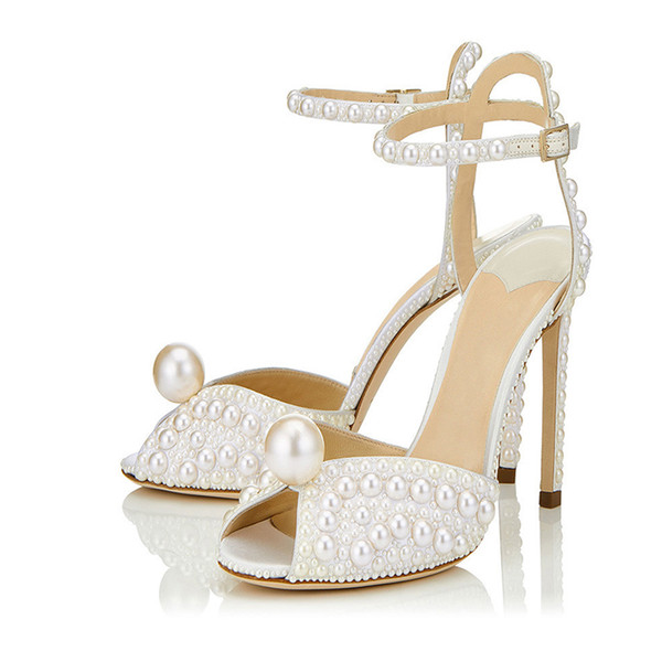 Custom Personalized Wedding Sandals Ivory Pearls Crystal Tassels 4 Inches Peep Toe Ankle Buckle Strap Sexy Zapatos Mujer High Heels