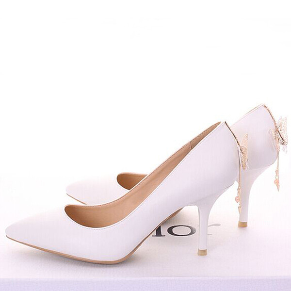 Fashion Genuine Leather Pointed Toe Lady's Nightclub Shoes White Color Bridal Wedding Dress Shoes