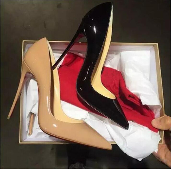 New Women Black Sheepskin Nude Patent Leather Poined Toe Women Pumps,120mm Fashion Red Bottom High Heels Shoes for Women Wedding shoes