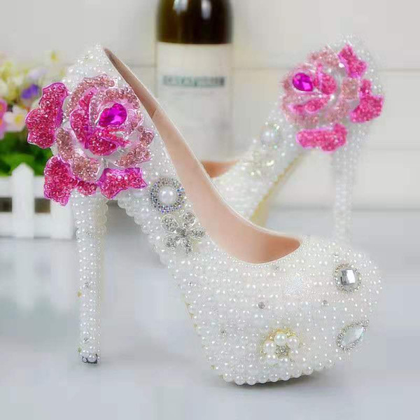 Pearls Flower Wedding Shoes Diamond Pink Rose Pumps High Heels Bridal Shoes 14cm Bling Bling Prom Shoes for Lady