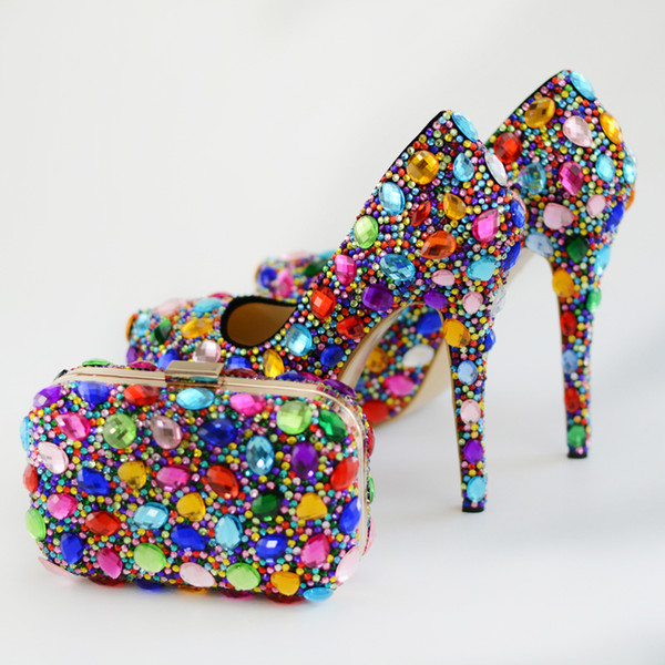 Colorful Rhinestone Wedding Bridal Shoes with Clutch Women Party Prom High Heel Shoes with Matching Bag Plus Size 45