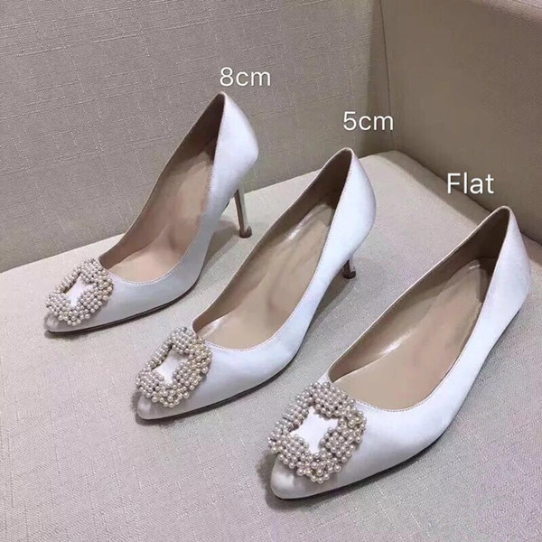 Newest Elegant Pearls Buckle White Wedding Shoes Satin Silk Covered Bridal Shoe Prom Party Pump heels flat 5cm 8cm size 33-43 