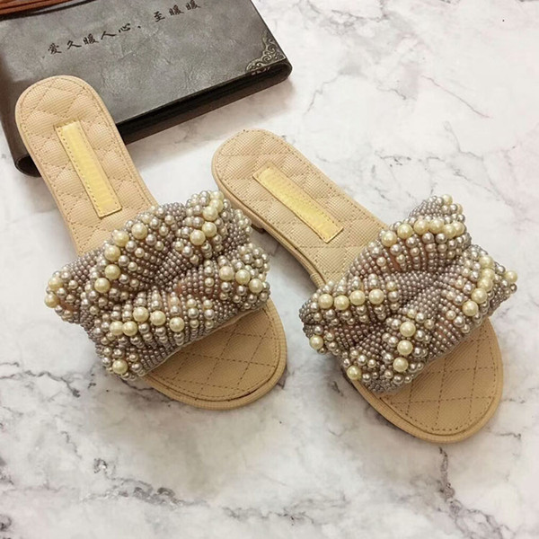 New Women Designer Flat Shoes Open Toe Pearls Sandals Shoes Ladies Luxury Fashion Wedding Slides Sandals