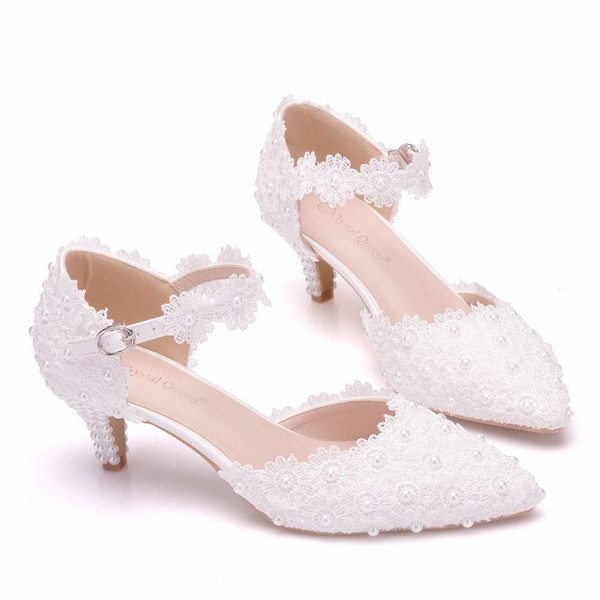 5 Cm Shoe Heel White/Pink Lace Flower Wedding Shoes Strap Bride's Shoes and Pointy Head for Bridal Shoes