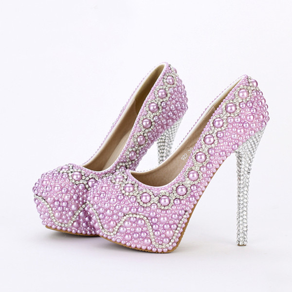 New Handmade Fashion Purple Pearl Wedding Shoes Luxury Rhinestone Stiletto Heel Bridal Dress Shoes Evening Party Prom Pumps