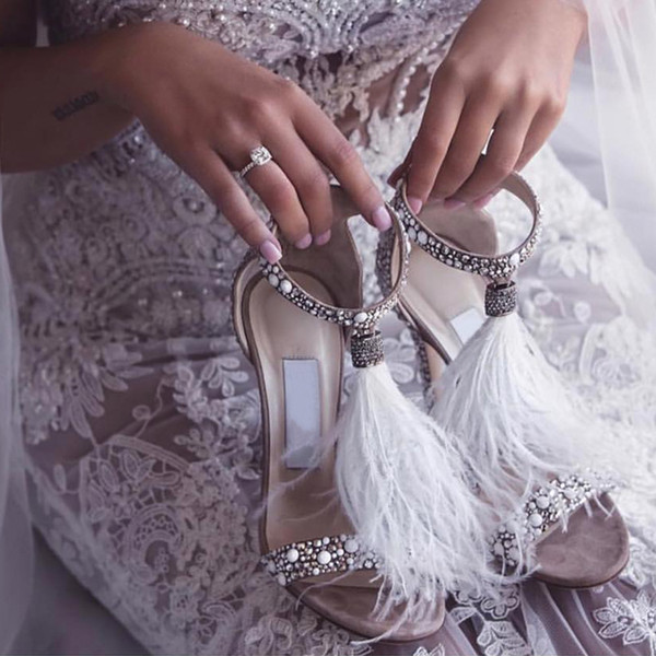 2020 Fashion Feather Wedding Shoes Pumps High Heel Crystals Rhinestone Bridal Shoes Cocktail Party Sandals Shoes Wedding Accessories