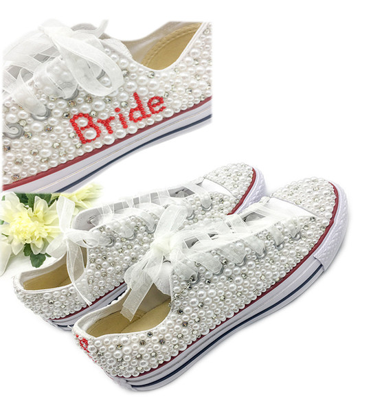 Country Style Wedding Shoes Women Handmade Crystals Pearls Sneakers Bridal flat Shoes Canvas plimsoll bridesmaid Sneaker shoes size 34-44