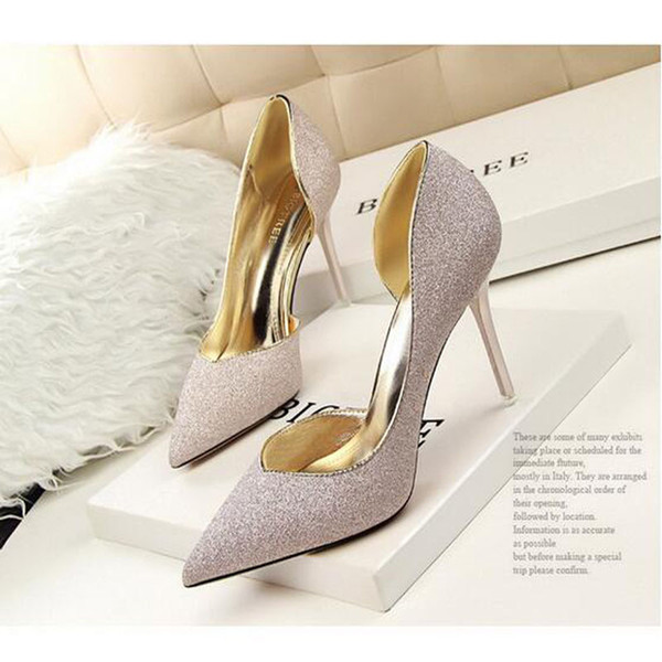 Top Quality Sexy Silver High Heels Wedding Bridal Shoes Pumps Fashion Brand 7/9 CM Pointed Toe Thin Heel Shoes Free Shipping