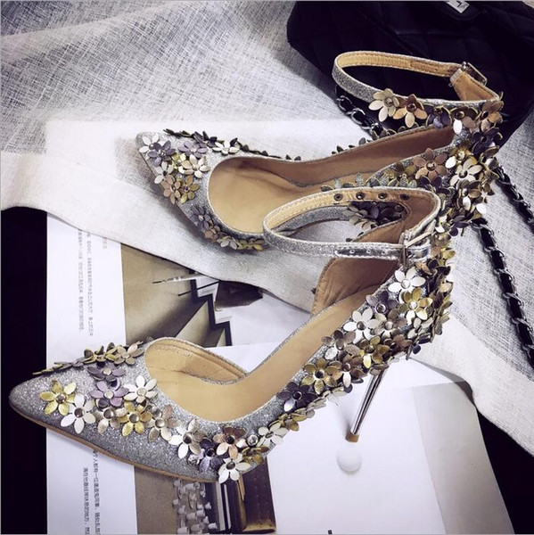 Hot Flower Pointed Wedding Shoes Cheap Pumps Fashion Free Shipping High Heel Party Toe Bridal Shoes Evening Toe Rivets Prom Women Shoes