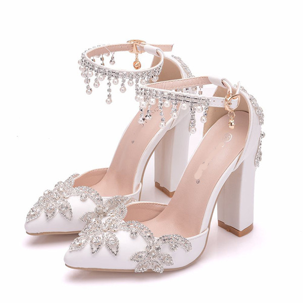 White Color Wedding Shoes Chunky Heel Buckle Straps Women Pumps Gorgeous Rhinestone Bridal Party Shoes Pointed Toe Wedding Shoes