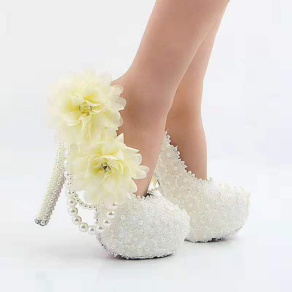 Pearls Flower Wedding Shoes Yellow Silk Flower with Pearls Chain Pumps High Heels Bridal Shoes 8cm 11cm 14cm Bling Bling Prom Shoes for Lady