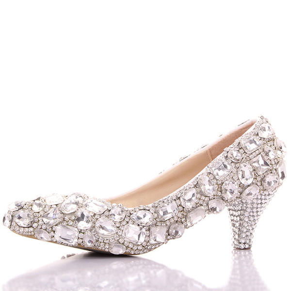 Spring Luxurious Rhinestone Wedding Shoes Big Crystal Bridesmaid Shoes Graduation Party Prom Shoes Lady Formal Middle Heel Shoes