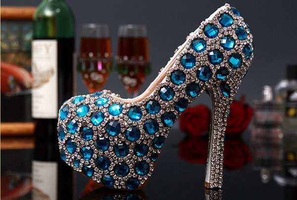 2016 Beautiful Blue Homecoming Shoes for Girls High Heels 14cm 12cm 10cm Bling Bling Crystals Wedding Shoes for Brides Bridal Party Shoes