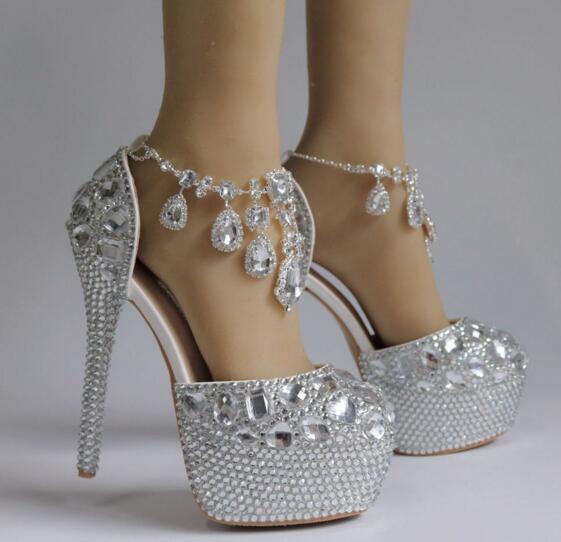 Sexy Sliver Crystal Wedding Bridal Shoes High Heels 14cm 5cm Pumps Bling For Prom Evening Party Dress Rhinestones Beaded