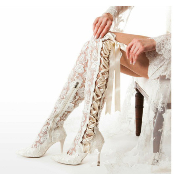 Vintage High Full Lace Wedding Shoes Ribbon Cross-strap Sexy Knee Length Boots Lady Winter Wedding Boots Female Banquet Shoes