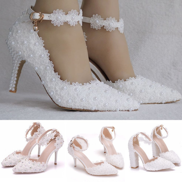 White Lace Pearls Rhinestones Wedding Shoes A word strap Stiletto Heel Pointed Toe bridal wedding sandals pumps bridal wedding shoes