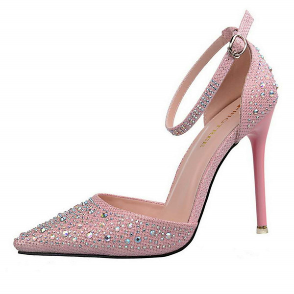 Pink Colored Rhinestone Luxury Wedding Shoes Stiletto Heel Pumps Evening Party Prom Shoes 2018 New Fashion Pointed Shoes Cheap Free Shipping