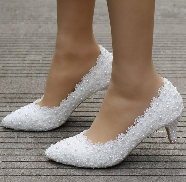 5cm New White Lace Wedding Shoes Princess Shoes Pumps High Heels Thick Heel Pumps White Pumps