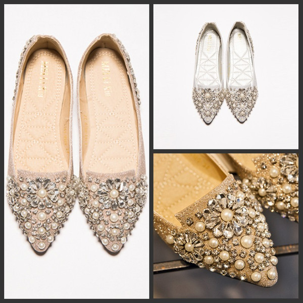 Crystals Rhinestone Beaded Wedding Cheap Pointed Toe Shoes Sneakers Bridal Flat Shoes Slip-on Bridal Party Bridesmaid Dress Shoes Size 35-40