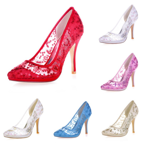 0255-32 Ivory High Heels Women Pump Prom Party Evening Dance Wedding Bridal Shoes Pointed Toe 10cm Stiletto Heel Paillette Grenadine Sequins