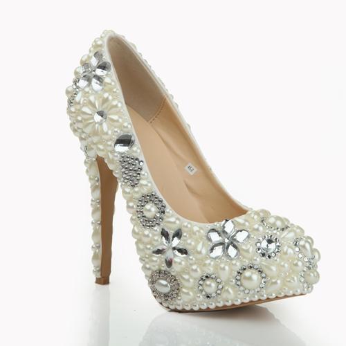 Imitation Pearl Rhinestone Crystal Platform Round Toe Wedding Shoes Heel 14cm Women's Prom Party Evening Dress Wedding Bridal Shoes