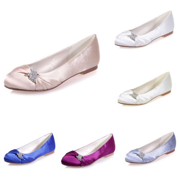 9872-22 White Blue Ivory Silver Purple Champagne Satin Evening Bridal Shoes Crystals Pumps 1cm Flats Round Toe Bride Dance Party Shoe