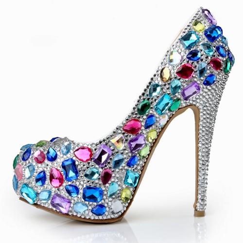 Luxury Rhinestone Crystal Wedding Dress Shoes Platform Round Toe Stiletto Heels Fashion 14cm Prom Party Evening Bridal Accessories 2017