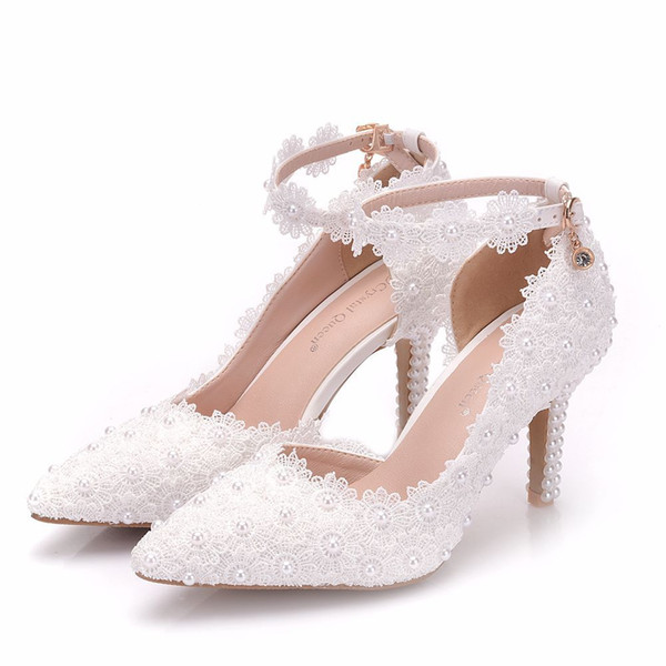 2019 New Style White Lace Wedding Shoes With Tapered Sandals Trade High Heels Side Empty Bridal Girl Shoes