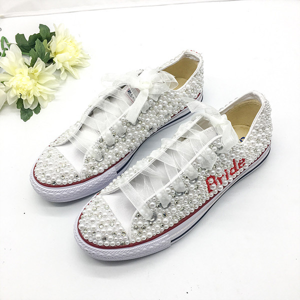 Downton Handmade Crystals Pearls Wedding Shoes Sneakers Bridal flat Shoes Canvas plimsoll bridesmaid Sneaker shoes size 34-44