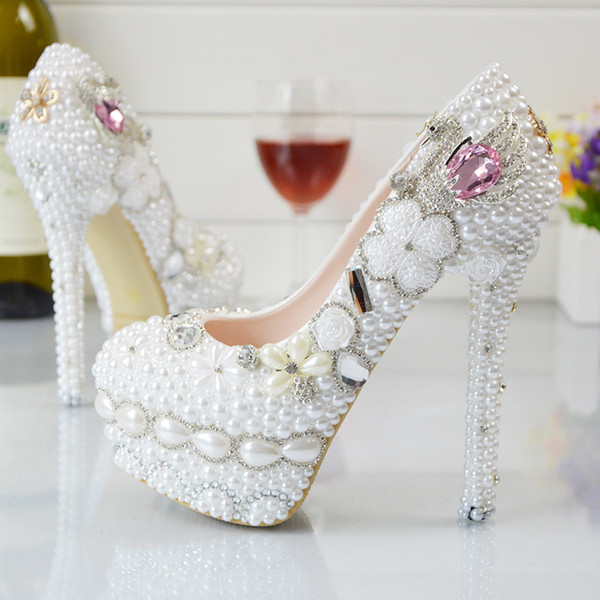 Pearl Flowers Wedding Shoes Pink Diamond Pumps High Heels Bridal Shoes 5cm 8cm 11cm 14cm Bling Bling Prom Shoes for Lady