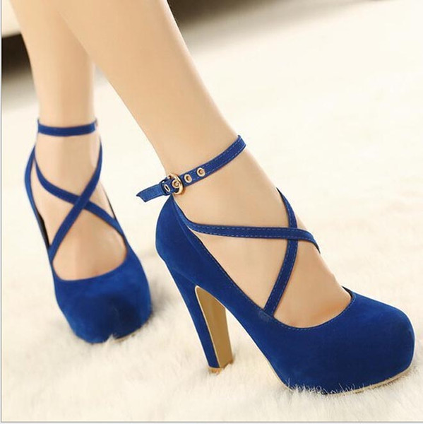 Women Strappy High Heels Pumps 2015 Sexy Women Dress Shoes Ladies Wedding Shoes Wear Platform Shoe Low Cut Cross Buckle Black/Blue/Red