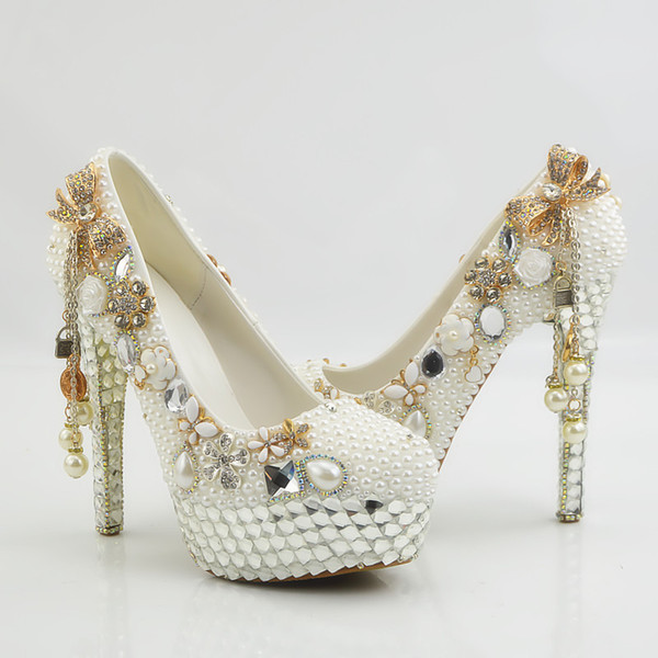 Pearl Flowers Wedding Shoes Chain Bow Pumps High Heels Bridal Shoes 5cm 8cm 11cm 14cm Bling Bling Prom Shoes for Lady