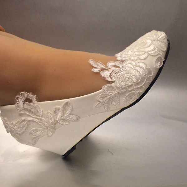 White light ivory lace Wedding shoes flat low high heel wedges bridal size 5-12