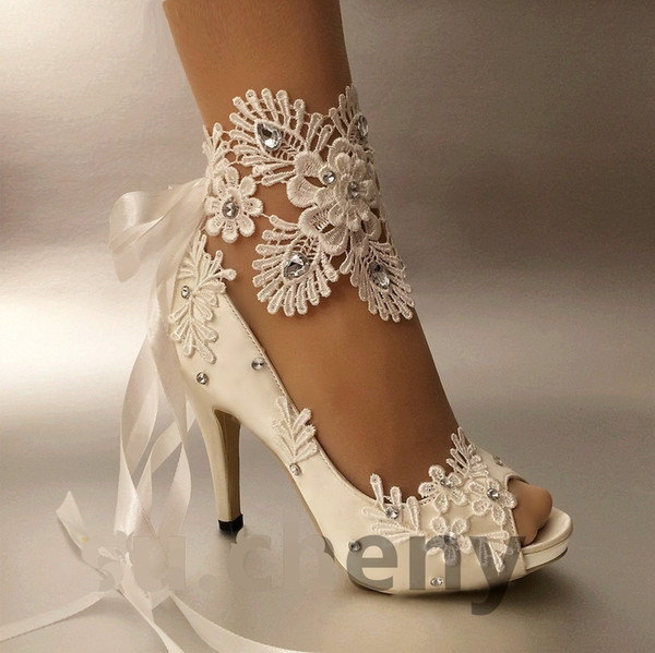 Handmade Women Fashion ivory ribbon Wedding shoes heel ballet lace flower Bridal Bridesmaid shoes size 35-42