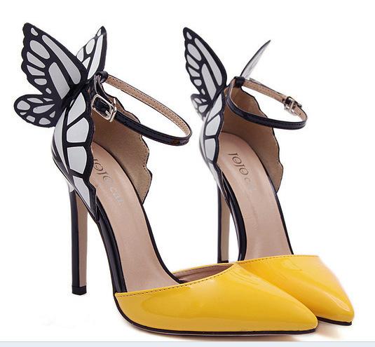 Big Size 2016 wed shoe Thin High Heels Women Pumps 8/11cm ,Butterfly Heels Sandals,Sexy Shoes for bride Party yellow purple black