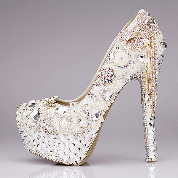 New 2018 Luxury Wedding Shoes Glitter Sequins Pearl Bow Formal Party Sparkling Single Diamond Bridal High Heel Shoes EM01432