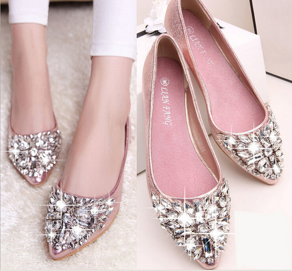 full size Stock 2016 pink champagne wedding shoes silver pointed toe beads crystals bridal shoes special shoes prom girls flats BOOTS