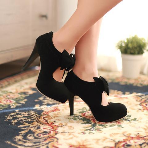 New Black Round Toe Bowtie Hollow Stiletto Heel Wedding Shoes High Quality Cheap Women's Boots CPA1113