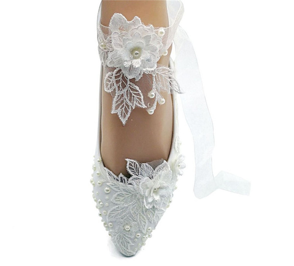 Handcrafted Flat Ribbon Lace Flower Bridal Shoes Pointed Toe Wedding Party Dancing Shoes Beautiful Bridesmaid Shoes Women Flats size EU35-43