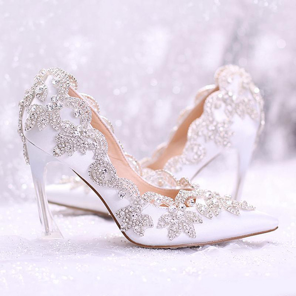 designer shoes 2019 Stylish Pearls Flat Wedding Shoes For Bride Prom 9CM High Heels Plus Size Pointed Toe Lace Bridal Shoes