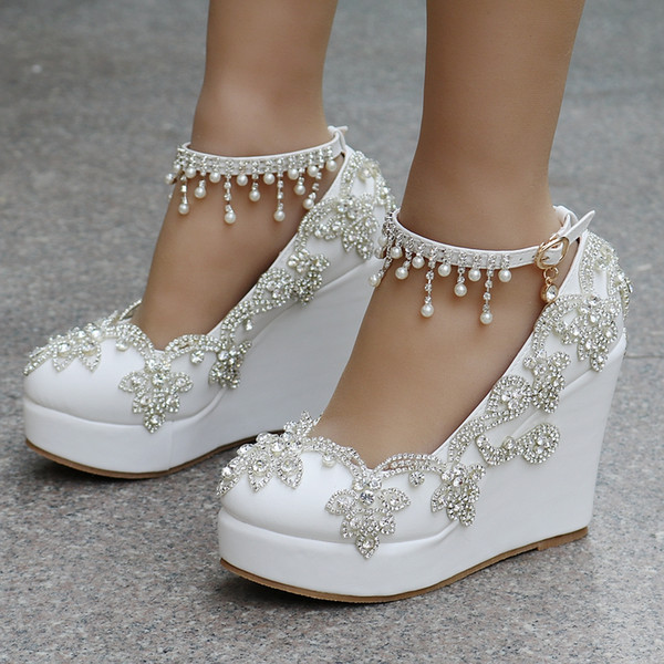 Bridal Shoes Wedding wedge heel Buckle Crystal High Heel Shoes Rhinestone Pearl Sparkling Wedding Princess Shoes