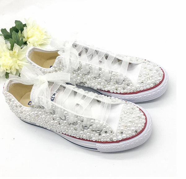 Luxury Pearls Bride Wedding Shoes Handmade Major Beaded Outdoor Beach Casual Canvas Plimsoll Bridesmaid Sneaker Flat Shoes