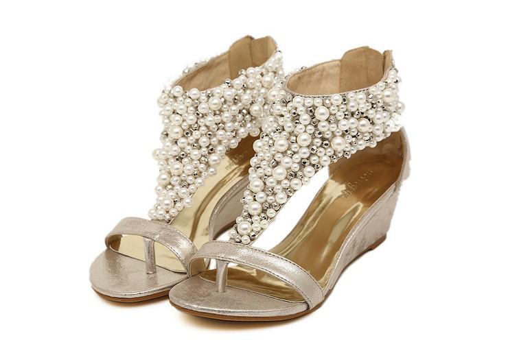 Women's Roman pearl T-Strap Open toed Wedge Sandals bride shoes Wedding Shoes Evening Pumps LL3304