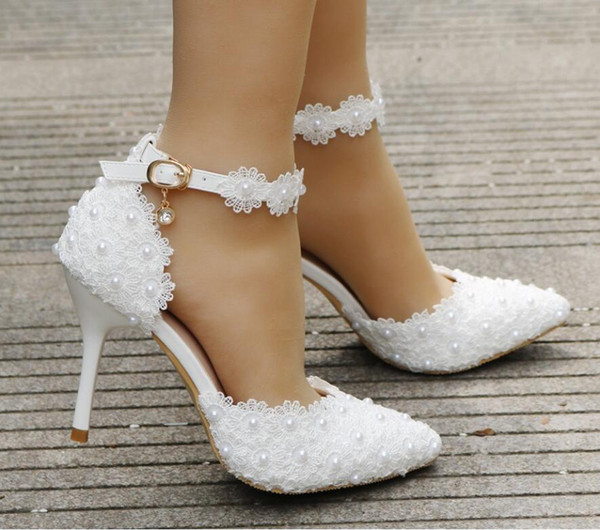 White Lace Flower Wedding Shoes Strap Bride's Shoes and Pointy Head for Bridal Shoes