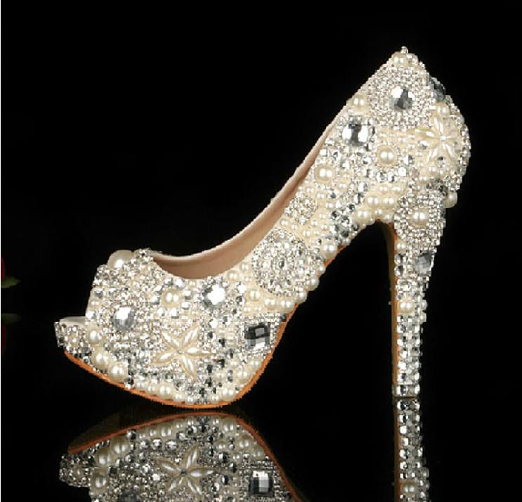 Unique Ivory Pearl Rhinestone Wedding dress Shoes Fashion Peep Toe High Heeled Bridal Shoes Waterproof Woman Party Prom Shoes 