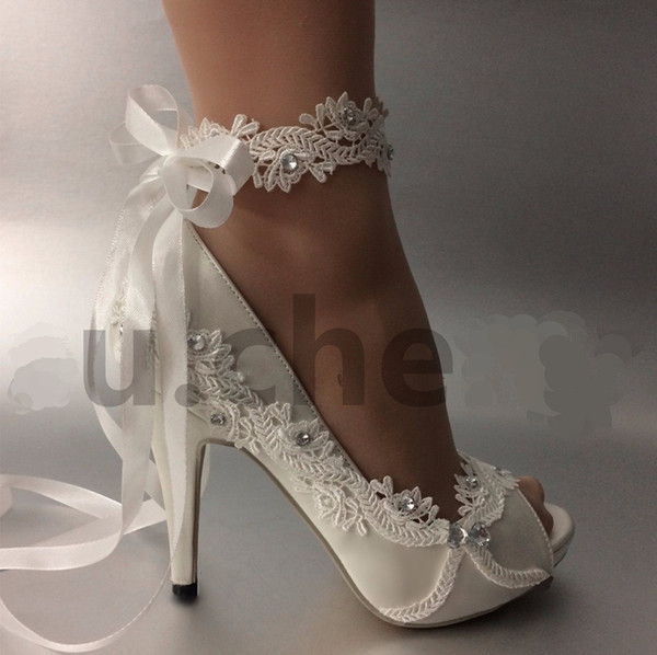 Women Wedding shoes Ivory Ribbon bride wedding dresses Han edition diamond lace manual wedding Wedge Peep Toe shoe female SIZE EU 35-42