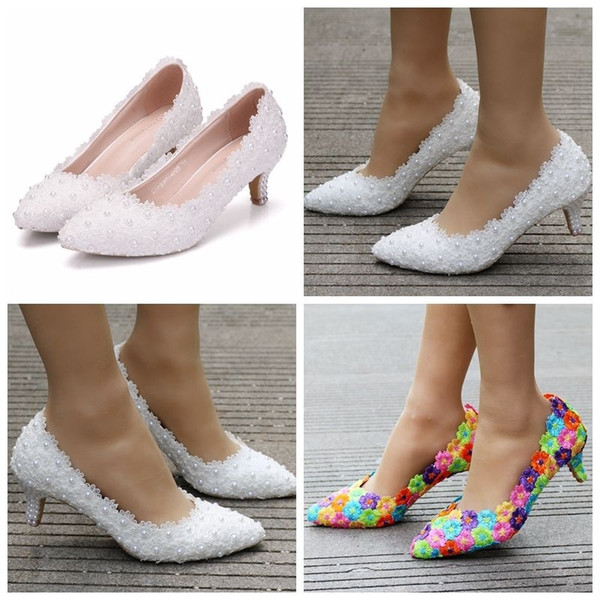 5cm New White Lace Wedding Shoes Princess Shoes Pumps High Heels Thick Heel Pumps White Pumps