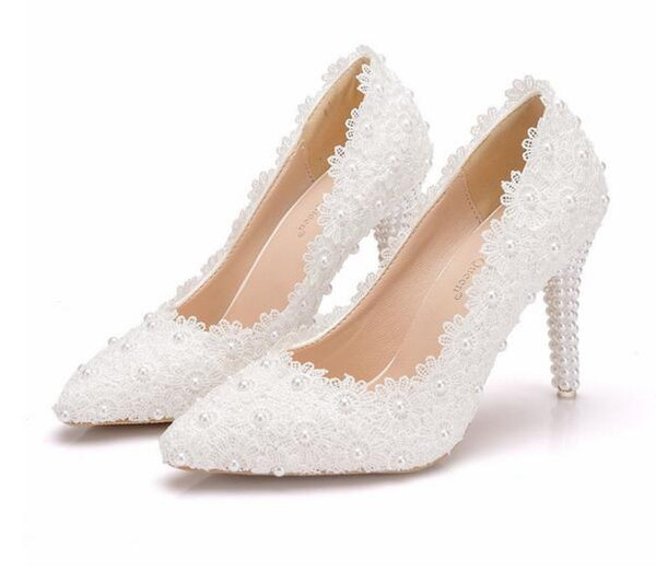 2019 Romantic Pearls White Lace Wedding Shoes For Bride 9.5 Cheap Free Shipping Bridal Shoes Spool Heel Pointed Toe Prom Evening Dress