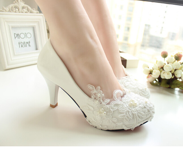 Handmade Lace Wedding Shoes White Bridal Shoes Bridesmaid Shoes Banquet Dress Shoes Pumps 8.5cm Large Size